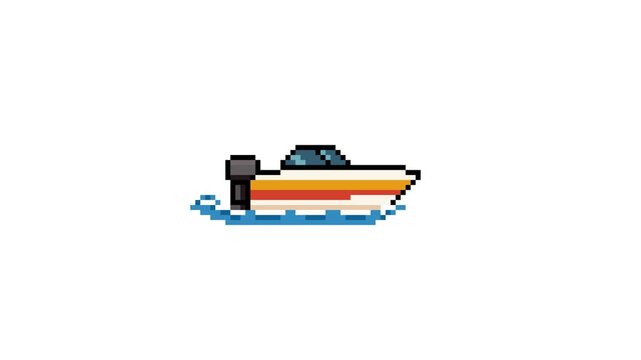 8bit Pixel Art Motorboat Looping Animation on White Background &ndash; Retro Speed Boat Sprite