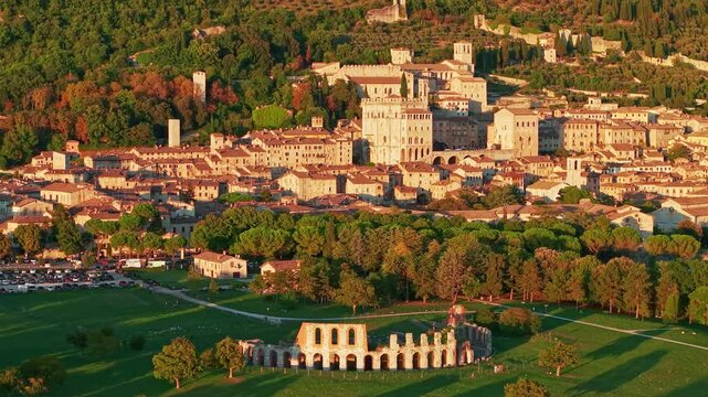 Aerial view of historic Gubbio town at sunset in Umbria, Italy
