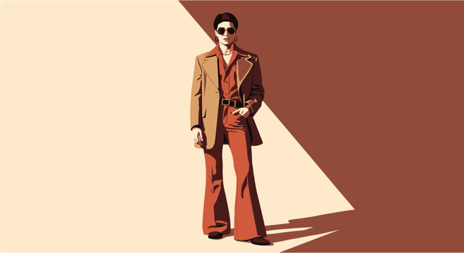 Stylish man in a retro-inspired brown suit and bell-bottoms, standing confidently against a warm, minimalist background with strong shadows.