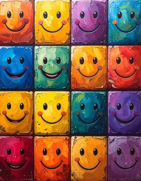 A vibrant grid of smiling faces, each contained within a colorful square with a metallic border, evoking happiness