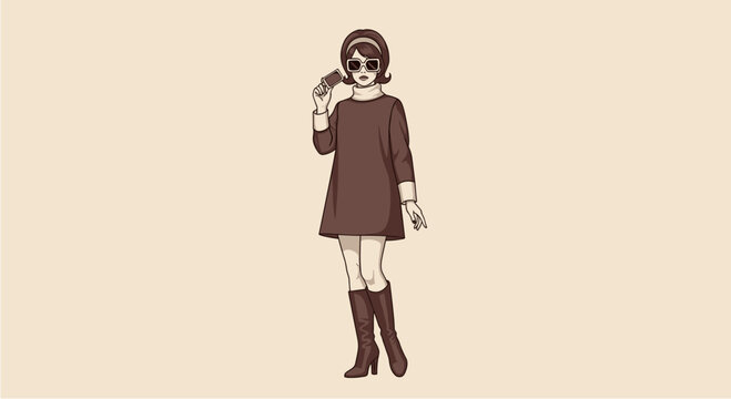 Stylish 1960s fashion illustration featuring a woman in a mod dress, boots, sunglasses, and a chic bouffant hairstyle, exuding vintage elegance.