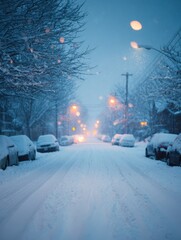 Quiet residential street covered in deep snow during a winter evening snowfall at dusk