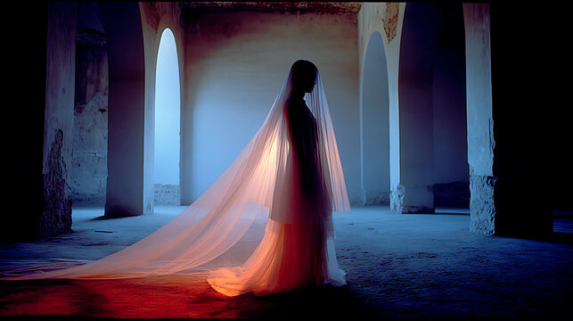 A mysterious figure in a veil inside a dim, architecturally rich interior 