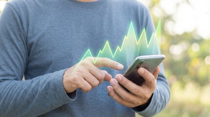 Man using smartphone displaying glowing green stock market growth chart outdoors