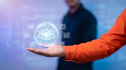 Obraz premium Mans outstretched hand presenting a holographic sphere with people icons and data visualizations floating around