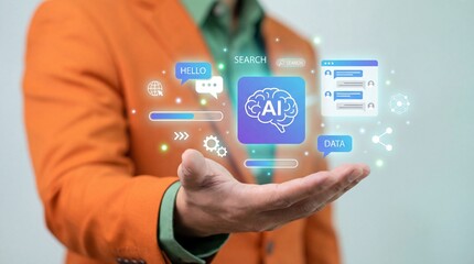 Person holding artificial intelligence chatbot interface elements symbolizing data and search