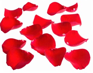 Red rose petals scattered on white background