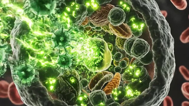 Detailed 3d rendering of a complex cell structure glowing intensely neon green while battling microscopic pathogens in the dark bloodstream.