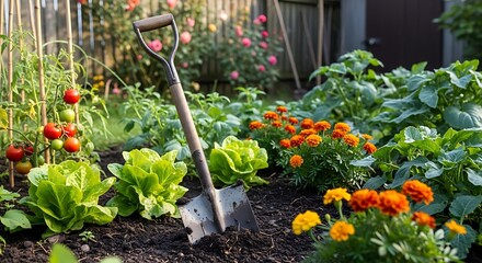 Shovel rests in a lush vegetable garden filled with tomatoes and flowers.