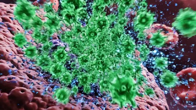 Virulent green pathogens aggressively infecting cellular tissue, depicted with spiky structures in a detailed 3d rendering, creating a dangerous medical threat.