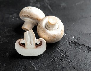 White button mushrooms with one sliced showing gills