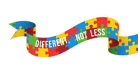 Colorful puzzle ribbon with different not less text on white background transparent background