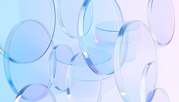Futuristic geometric lenses and stacked glass with iridescent reflections clean minimal tech background product mockup 3d rendering