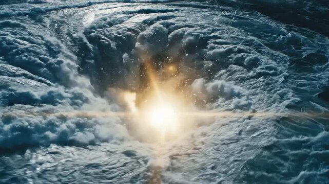 A dramatic, cinematic shot captures a massive, churning blue water vortex swirling intensely around a central, glowing golden light source in the open ocean.