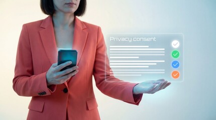 Woman holding a smartphone interacting with a futuristic privacy consent interface