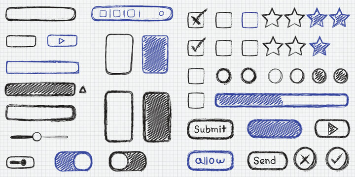 Hand Drawn UI Elements Set ,Sketch Website Wireframe Buttons, Forms and Icons