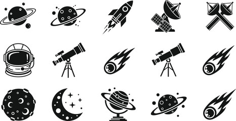 Minimalist space icons set, planets, rockets, satellites, astronaut helmet, telescope, stars, moon, black and white design, science, exploration, cosmos © Azizul360