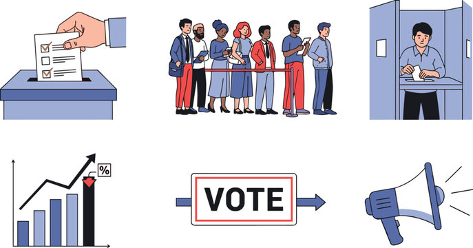 Election Voting Process Illustration Set with Ballot Box, Voter Queue, Polling Booth, Vote Campaign Megaphone and Democracy Results Vector