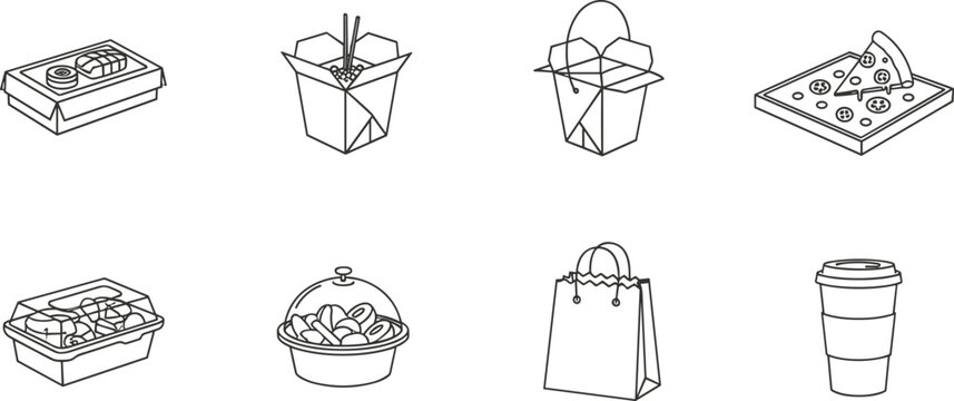 Fast Food Takeaway and Street Meal Line Icon Set with Pizza, Noodles, Coffee Cup and Delivery Packaging Illustration