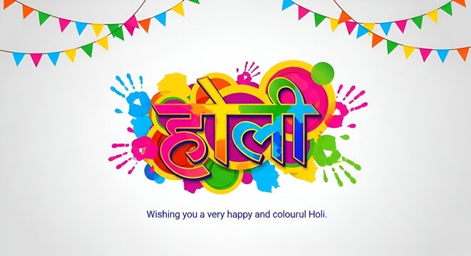 Vector illustration of Happy Holi greeting, written Hindi text means it's Holi, Festival of Colors, festival elements with colourful Hindu festive background