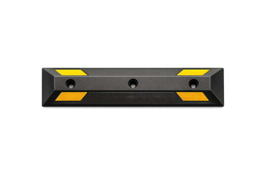 Durable black rubber parking curb with yellow reflective safety markers and mounting holes