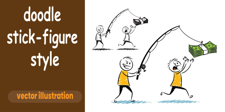 Stick Figure Dangles Money as Bait on Fishing Rod - Financial Incentive Concept
