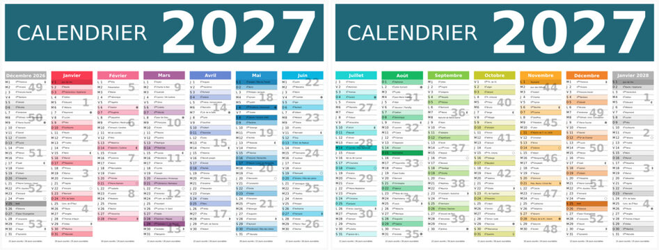 Calendrier 2027 14 mois au format 320 x 420 mm recto verso enti&egrave;rement modifiable via calques et texte sans serif