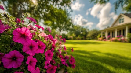 Obraz premium Vibrant pink petunia flowers blooming in a beautiful garden with a lush green lawn and house in the background on a sunny day