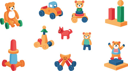 Fototapeta premium Kids Toy Illustration Set with Teddy Bears, Wooden Cars, Animal Figures, Building Blocks and Educational Play Objects Collection