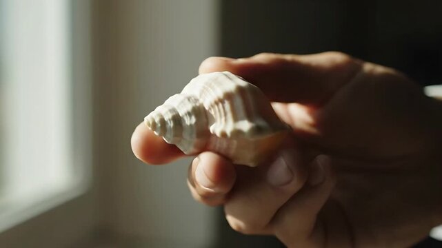 A human hand delicately holds a spiral conch seashell, bathed in natural sunlight from a window.