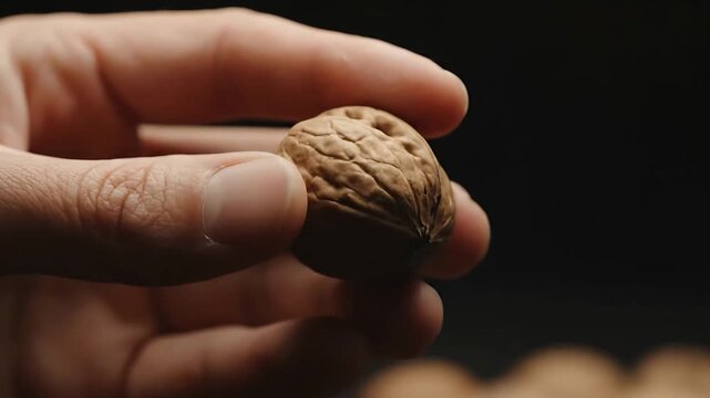 A person's hand carefully holds a single textured walnut against a dark, contrasting background.