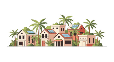 Eco-friendly homes with solar panels and palm trees, sustainable living concept