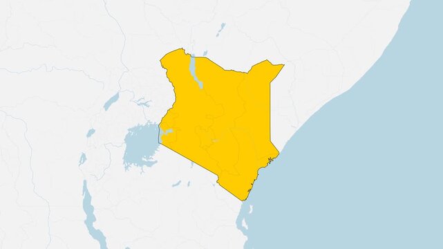 3D Animated Map of Kenya - Smooth Zoom In Effect, 4K UHD Yellow Highlighted Mainland