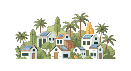 Eco-friendly village with solar panels on roofs, surrounded by lush green trees and palm trees.
