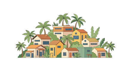 Tropical Village Scene: Colorful Houses with Palm Trees, Sunny Day Illustration