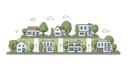 Modern suburban neighborhood with houses and trees, flat design illustration
