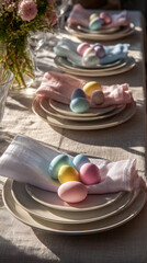 Bright Easter table setting includes white plates with colorful eggs and a simple floral centerpiece. The table is ready for a festive meal with family and friends during Easter