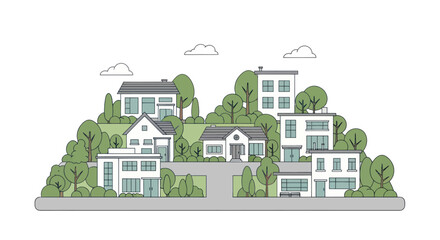 Modern minimalist suburban neighborhood with diverse houses and green trees
