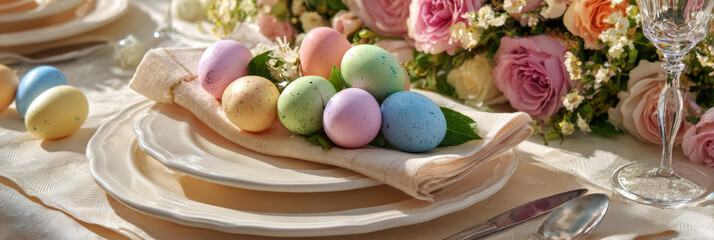 Bright Easter table setting includes white plates with colorful eggs and a simple floral centerpiece. The table is ready for a festive meal with family and friends during Easter, banner