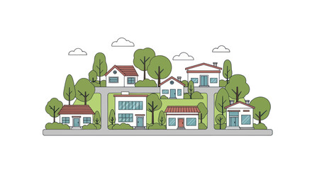 Charming illustration of a suburban neighborhood with houses, trees, and streets.