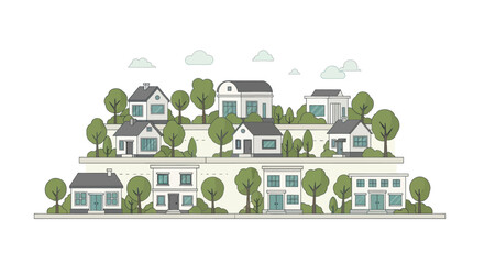 Modern Suburban Neighborhood with Diverse Houses and Green Trees
