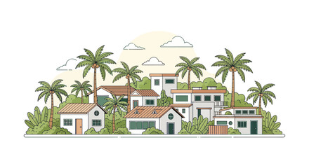 Tropical village illustration with palm trees and houses, flat design
