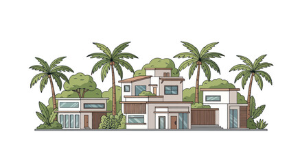 Modern Tropical Villas with Palm Trees and Lush Greenery