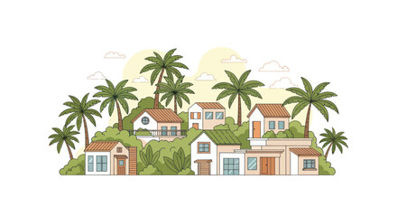 Tropical Village Scene with Palm Trees and Cute Houses