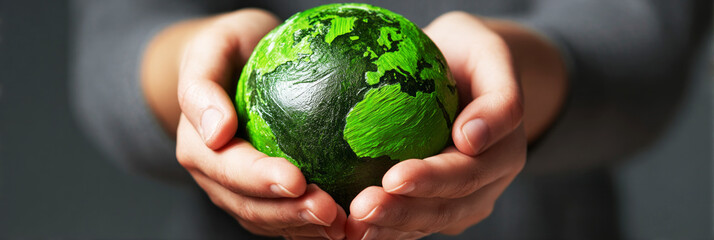 Hands support a green globe representing Earth, highlighting the importance of taking care of the planet during Earth Day activities and events around the world