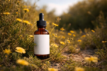 Amber Dropper Bottle Mockup in Natural Outdoor Setting, Organic Cosmetic Concept