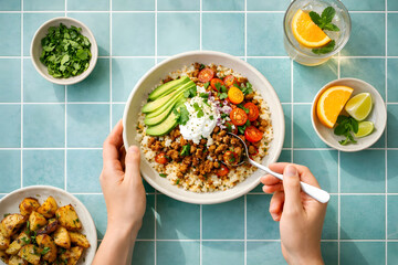 Healthy Grain Bowl Flat Lay with Avocado, Vegetables and Fresh Ingredients