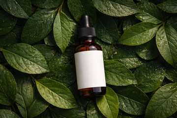 Amber Dropper Bottle Mockup with Blank Label on Green Leaves Background