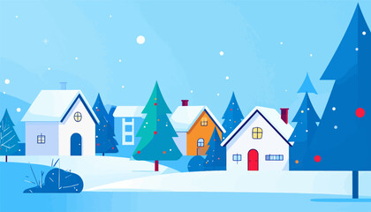 A charming, snow-covered village scene with houses and decorated evergreen trees under a soft blue sky with falling snow