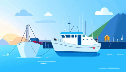 Scenic coastal scene with boats docked near mountains under a blue sky with clouds